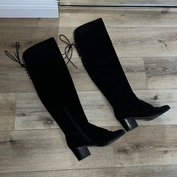 Thigh high black boots, lace and zip up sections
